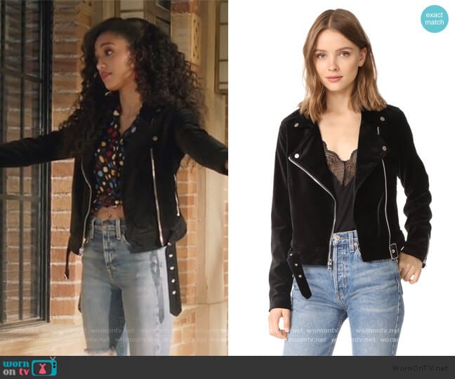Paige Shanna Velvet Moto Jacket worn by Olivia Baker (Samantha Logan) on All American
