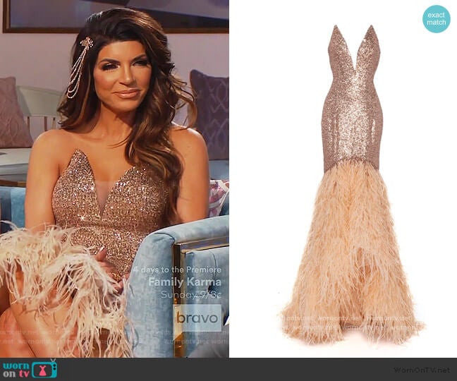 Pamella Roland Feather-Trim Sequined Gown worn by Teresa Giudice on The Real Housewives of New Jersey