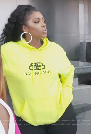 Porsha’s fluro Balenciaga hoodie on The Real Housewives of Atlanta