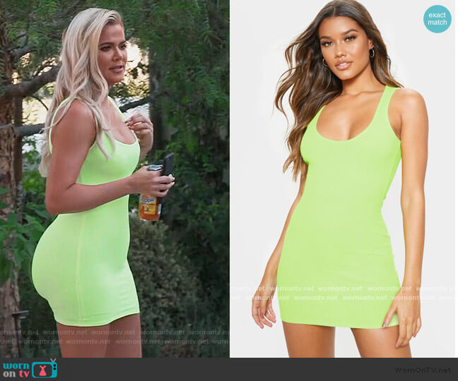 Pretty Little Thing Lime Ribbed Scoop Neck Bodycon  Dress worn by Khloe Kardashian on Keeping Up with the Kardashians