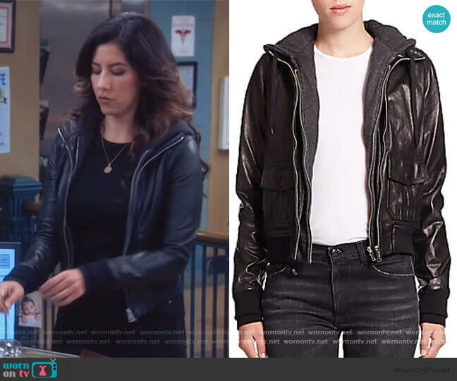 R13 Layered Jersey-Hood Leather Bomber Jacket worn by Rosa Diaz (Stephanie Beatriz) on Brooklyn Nine-Nine
