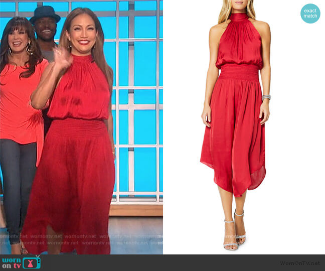 Ramy Brook Bella Blouson Halter Dress worn by Carrie Inaba on The Talk