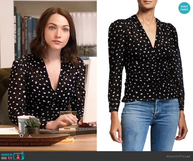 Rebecca Taylor Long-Sleeve Spotted V-Neck Top worn by Cara Bloom (Violett Beane) on God Friended Me
