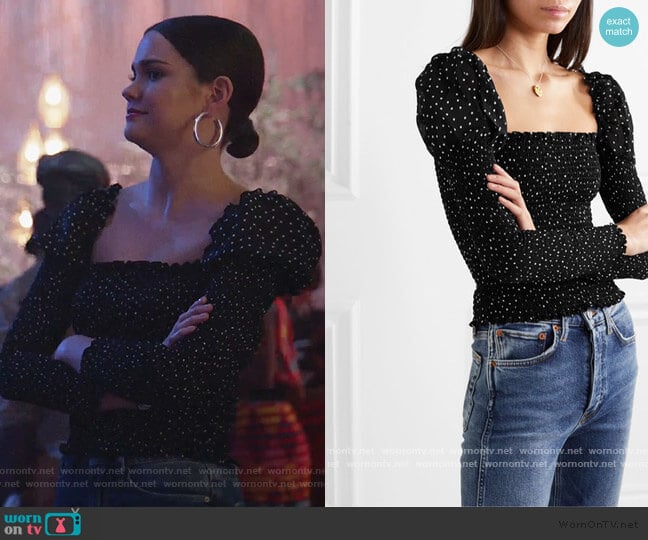 Reformation Elisabetta Cropped Smocked Polka-dot georgette Top worn by Callie Foster (Maia Mitchell) on Good Trouble
