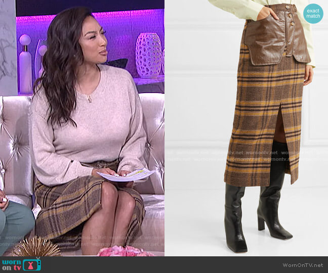 Rejina Pyo Maggie Checked Wool and Faux Leather Midi Skirt worn by Jeannie Mai on The Real