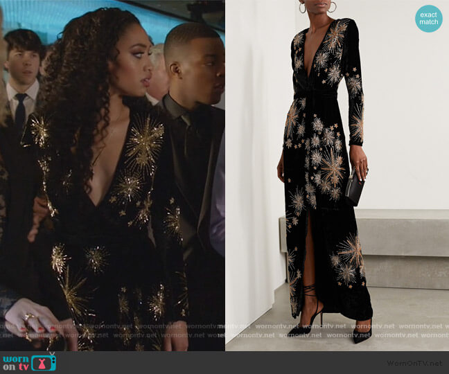 Retrofete Rita Embellished Velvet Maxi Dress worn by Olivia Baker (Samantha Logan) on All American