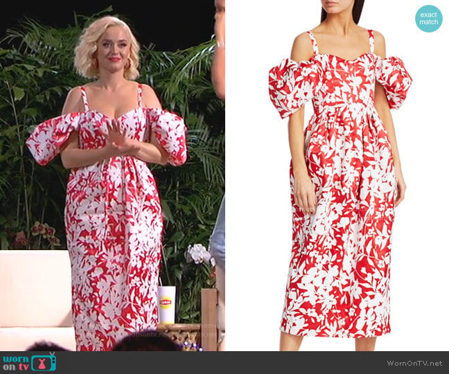 Rosie Assoulin Off-The-Shoulder Puff-Sleeve Floral Silk Midi Dress worn by Katy Perry on American Idol