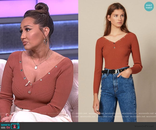Sandro Sweater trimmed with Branded Press Studds worn by Adrienne Houghton on The Real