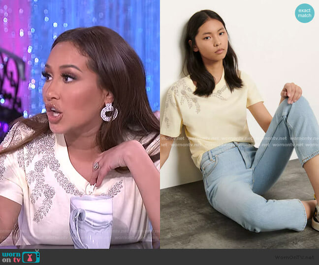Sandro Rhinestone-embellished cotton T-shirt worn by Adrienne Houghton on The Real