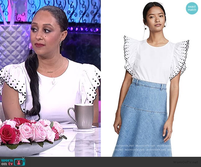 See by Chloe Ruffle Sleeve Embroidered Tee worn by Tamera Mowry on The Real