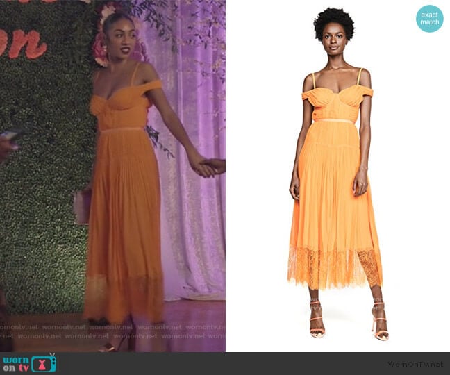Self Portrait Orange Off Shoulder Pleated Chiffon Dress worn by Patience (Chelsea Tavares) on All American