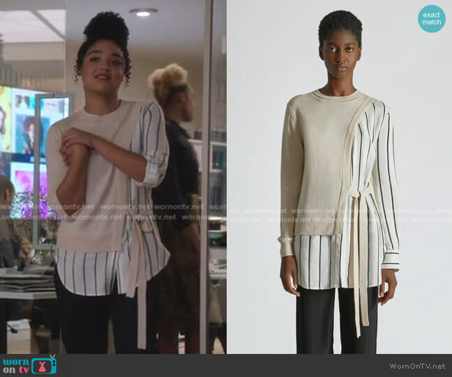Yigal Azrouel Silk Cashmere Striped Wrap Sweater worn by Kat Edison (Aisha Dee) on The Bold Type