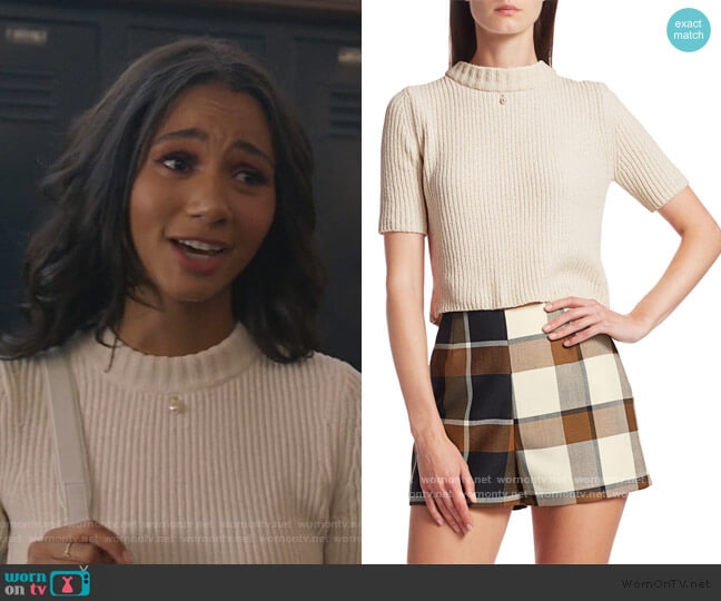 Staud Moody Rib-Knit Short-Sleeve Crop Sweater worn by Layla Keating (Greta Onieogou) on All American