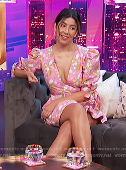 Stephanie Beatriz’s pink floral tie mini dress on E! News Nightly Pop