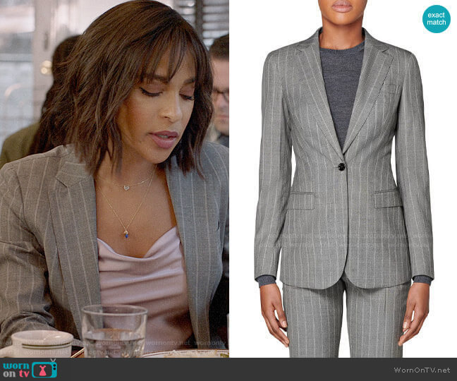 Suistudio Cameron Wool Suit Jacket in Grey Striped worn by Edie Palmer (Megalyn Echikunwoke) on Almost Family