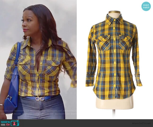 SuperDry 3/4 Sleeve Button Plaid Shirt worn by Kandi Burruss on The Real Housewives of Atlanta