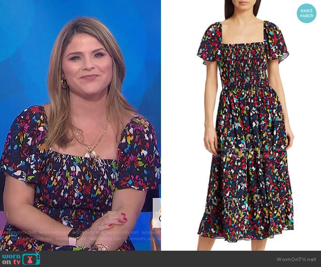 Tanya Taylor Glenda Smocked Silk Midi Dress worn by Jenna Bush Hager on Today