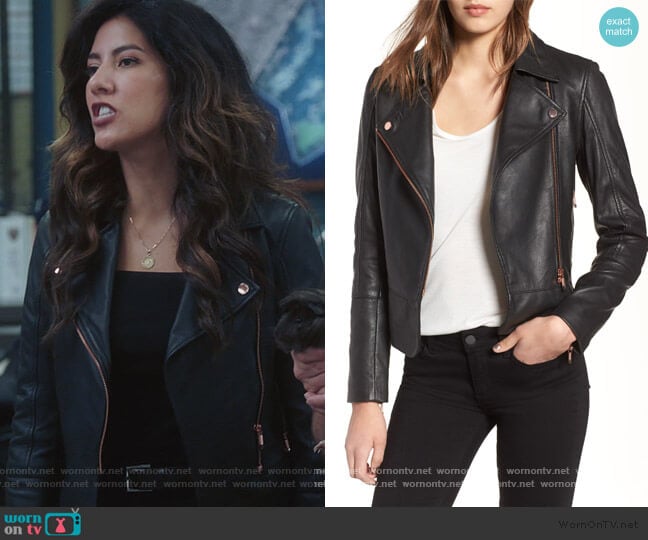 Ted Baker Lizia Leather Biker Jacket worn by Rosa Diaz (Stephanie Beatriz) on Brooklyn Nine-Nine