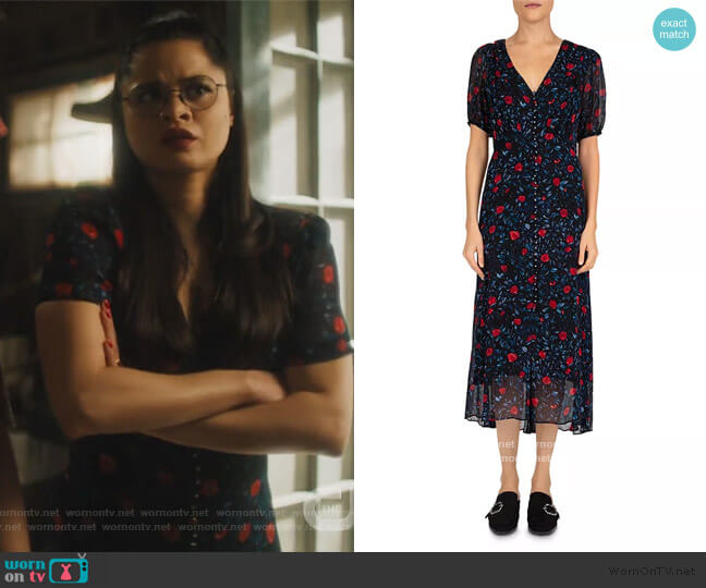 The Kooples Poison Roses Front-Button Midi Dress worn by Mel Vera (Melonie Diaz) on Charmed