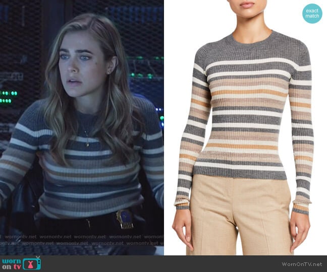 Theory Regal Cashmere Striped Crewneck Sweater worn by Michaela Stone (Melissa Roxburgh) on Manifest