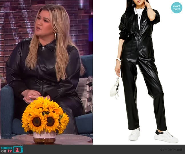 Topshop Long Sleeve Straight Leg Faux Leather Jumpsuit worn by Kelly Clarkson on The Kelly Clarkson Show
