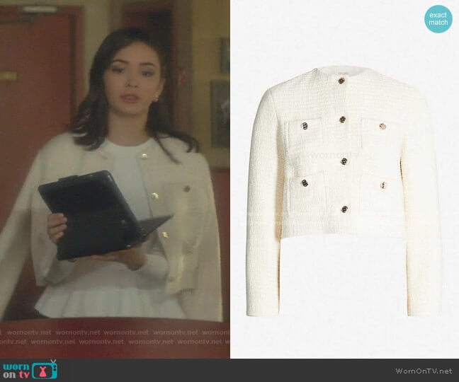 Maje Violi Tweed JAcket worn by Bess (Maddison Jaizani) on Nancy Drew