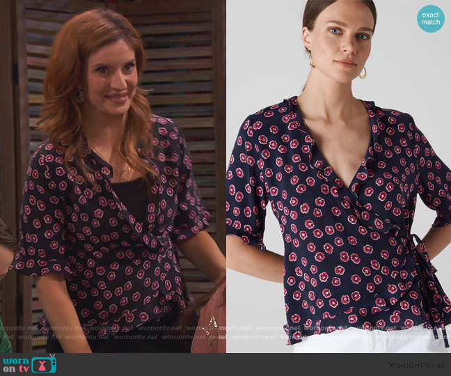 Whistles Lenno Print Frill Wrap Top worn by Chelsea Grayson (Anneliese van der Pol) on Ravens Home