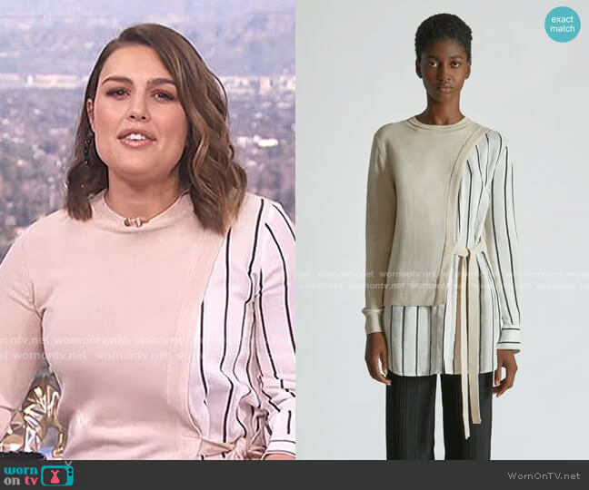 Yigal Azrouel Silk Cashmere Striped Wrap Sweater worn by Carissa Loethen Culiner on E! News