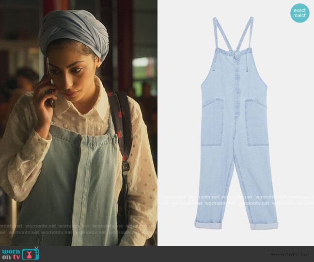 Zara Blue Overalls worn by Nadia Shanaa (Mina El Hammani) on Elite