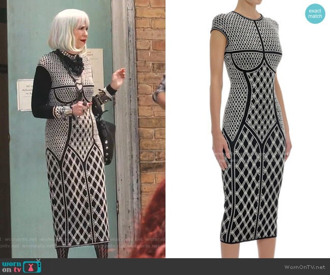 Alexander McQueen Rhombic Pearl Jacquard Knit Pencil Dress worn by Moira Rose (Catherine O'Hara) on Schitts Creek