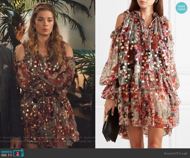 Alexander McQueen Cold-Shoulder Metallic fil coupé  Chiffon Mini Dress worn by Alexis Rose (Annie Murphy) on Schitts Creek