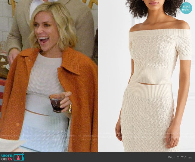 Alexander McQueen Off-the-shoulder cable-knit wool-blend top worn by Kristin Cavallari on Very Cavallari