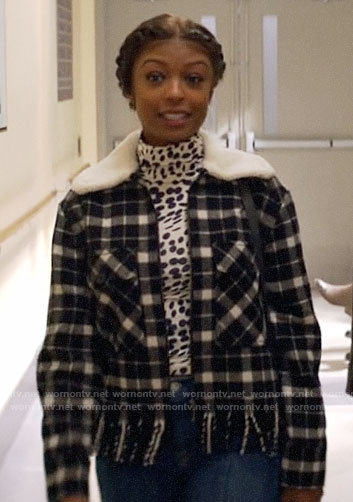 Ali’s black plaid jacket with fringed hem on God Friended Me