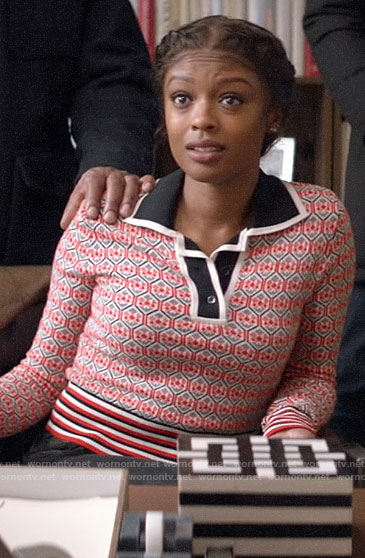 Ali’s red patterned polo sweater on God Friended Me
