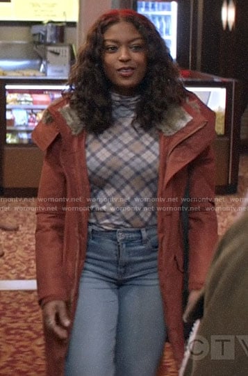Ali’s plaid turtleneck top and parka on God Friended Me