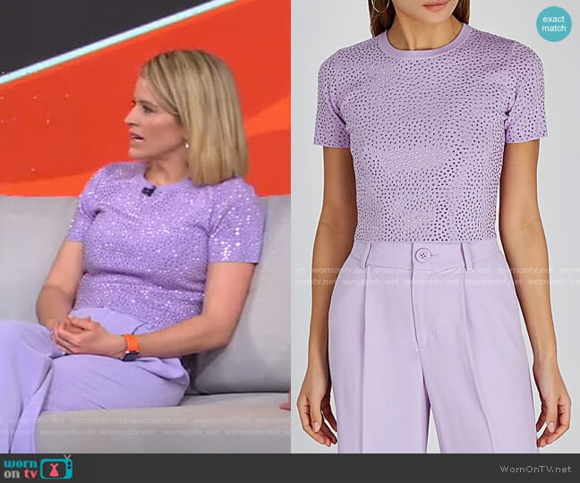 Alice + Olivia Ciara Stud-Embellished Top worn by Sara Haines on Good Morning America