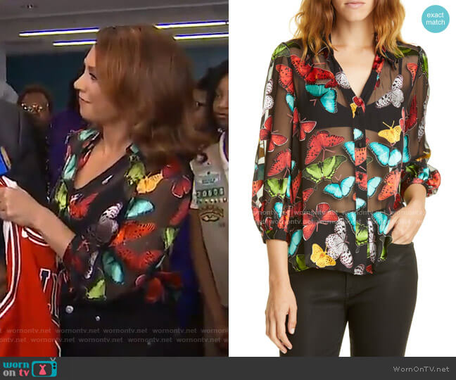 Alice + Olivia Sheila Butterfly Print Silk Blend Top worn by Ginger Zee on Good Morning America