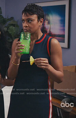 Angela’s navy stripe trim zip front dress on American Housewife