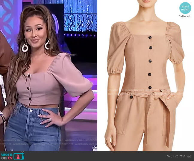 Aqua Button Detail Puff-Sleeve Top worn by Adrienne Houghton on The Real