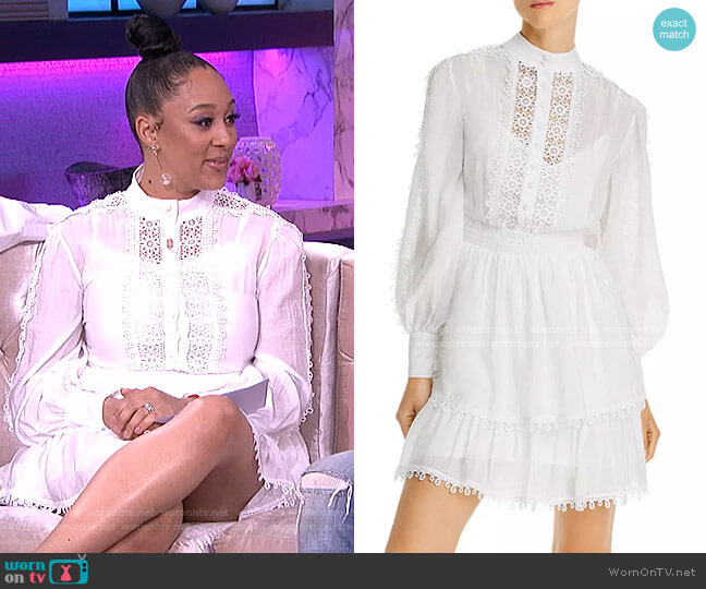 Aqua Crochet Trim Long-Sleeve Dress worn by Tamera Mowry on The Real