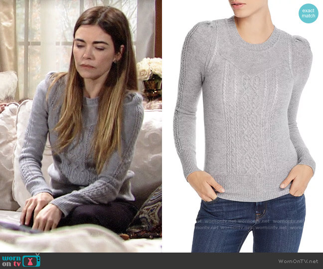 Aqua Mixed-Knit Cashmere Sweater in Light Gray worn by Victoria Newman (Amelia Heinle) on The Young and the Restless
