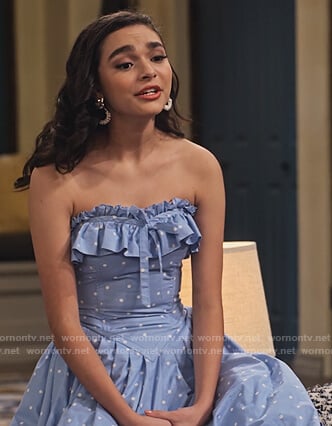Ashley’s blue ruffled polka dot dress on The Expanding Universe of Ashley Garcia