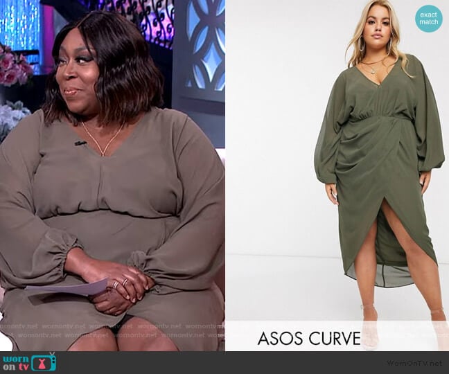 ASOS plunge front blouson sleeve midi dress worn by Loni Love on The Real