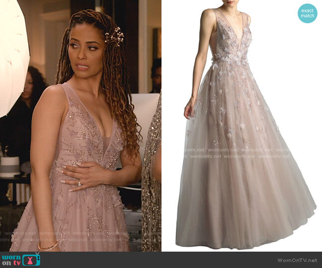 Basix Beaded V-Neck Sleeveless A-Line Gown with 3D Floral Applique worn by Teri Brooks-Lyon (Meta Golding) on Empire