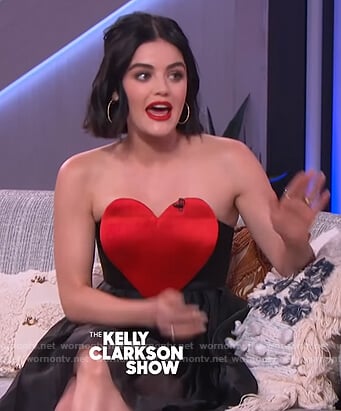 Lucy Hale’s black heart detail strapless dress on The Kelly Clarkson Show