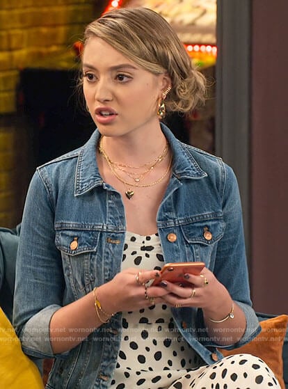 Brooke’s white dotted dress and denim jacket on The Expanding Universe of Ashley Garcia
