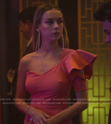 Carla’s pink one shoulder ruffle mini dress on Elite