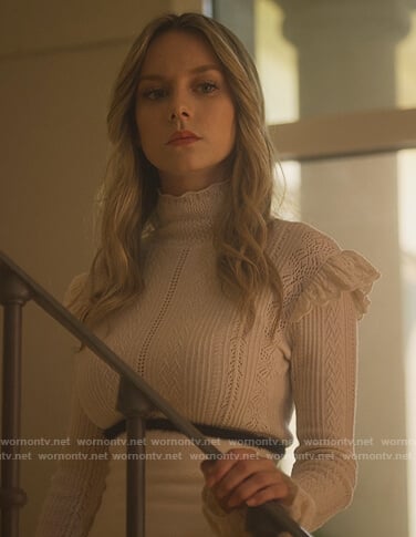 Carla’s white ruffle trim sweater on Elite