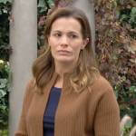 Chelsea’s tan belted cardigan on The Young and the Restless