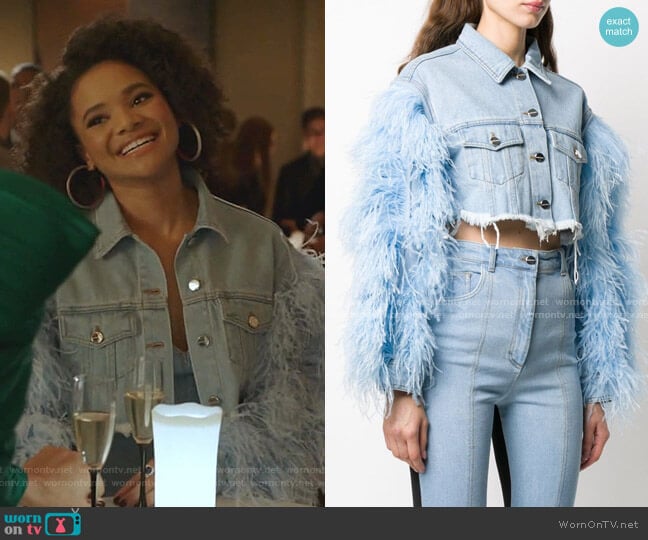 David Koma Feather-Trimmed Cropped Denim Jacket worn by Vanessa (Jade Payton) on Dynasty